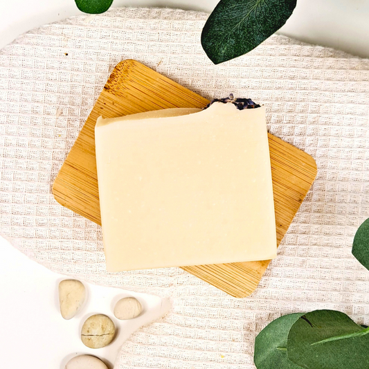 Bar of soap on a wooden soap dish with green leaves and stones on a textured surface