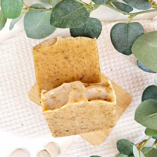 Two square bars of soap in a wooden box with green leaves in the background