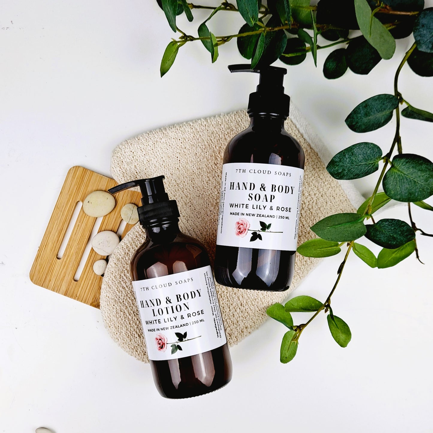 Combo of natural Hand & Body Soap and Lotion White Lily and Rose in amber glass pump bottles