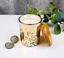 Load image into Gallery viewer, Amber Noir Candle (Ambar, Sandalwood, Vanilla &amp; Musk) - in Golden Jar with Wooden Lid | Soy Candle
