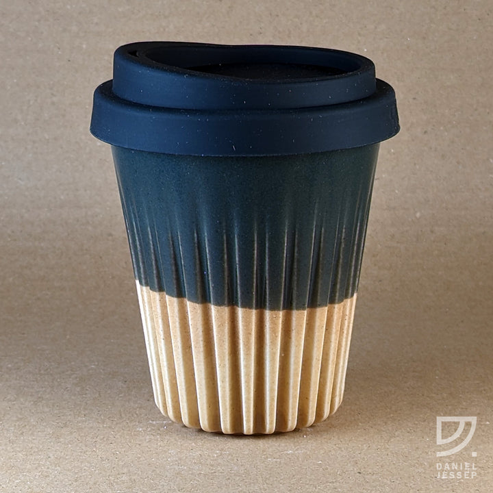 8oz Coffee Cup+ Lid - Black & Gold Fluted | SAVE $8.50 | Porcelain Ceramic | Made in NZ