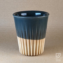 Load image into Gallery viewer, 8oz Coffee Cup+ Lid - Black &amp; Gold Fluted | SAVE $8.50 | Porcelain Ceramic | Made in NZ

