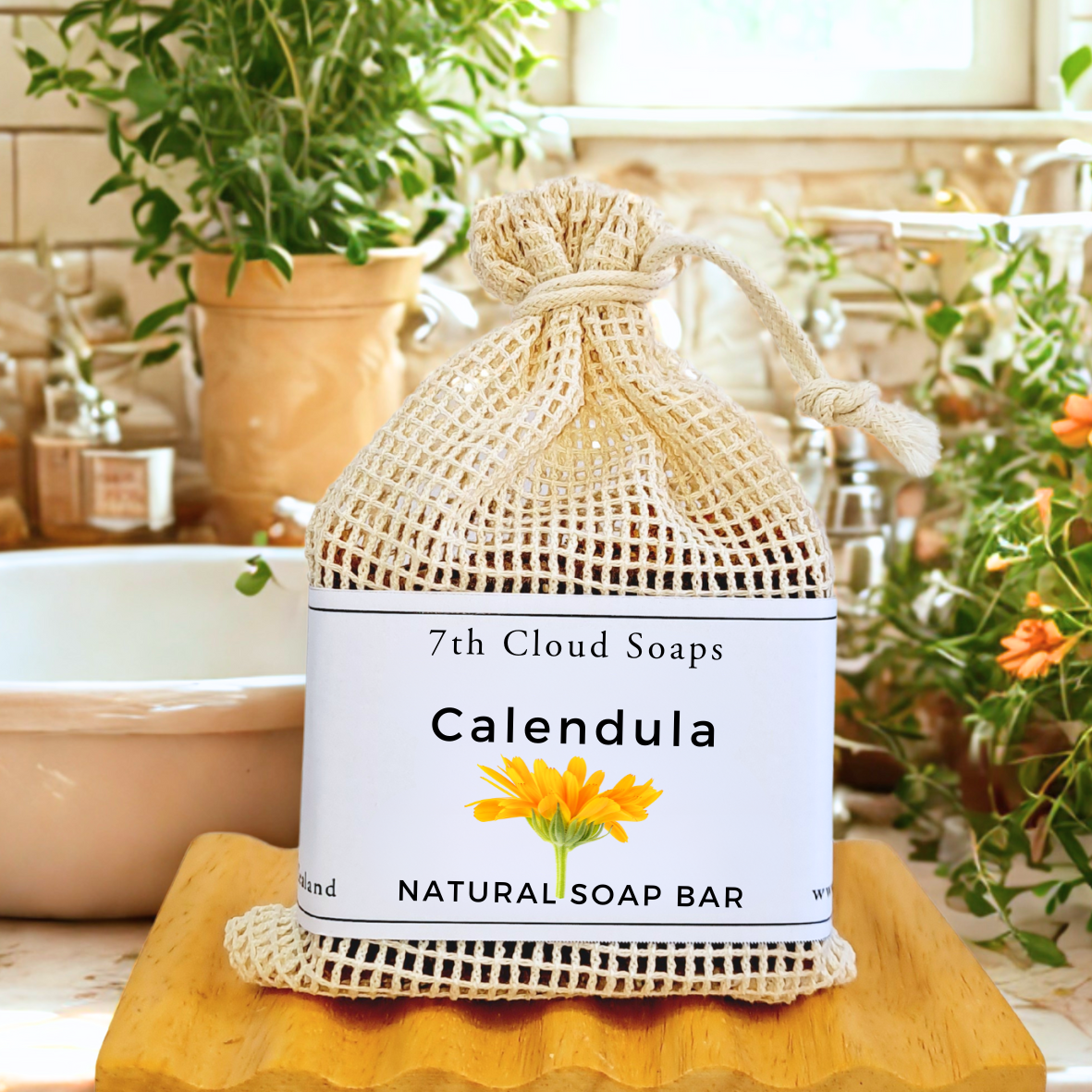 A natural soap bar labeled 'Calendula' from 7th Cloud Soaps, presented on a wooden soap dish, with a net bag, in a bathroom setting.