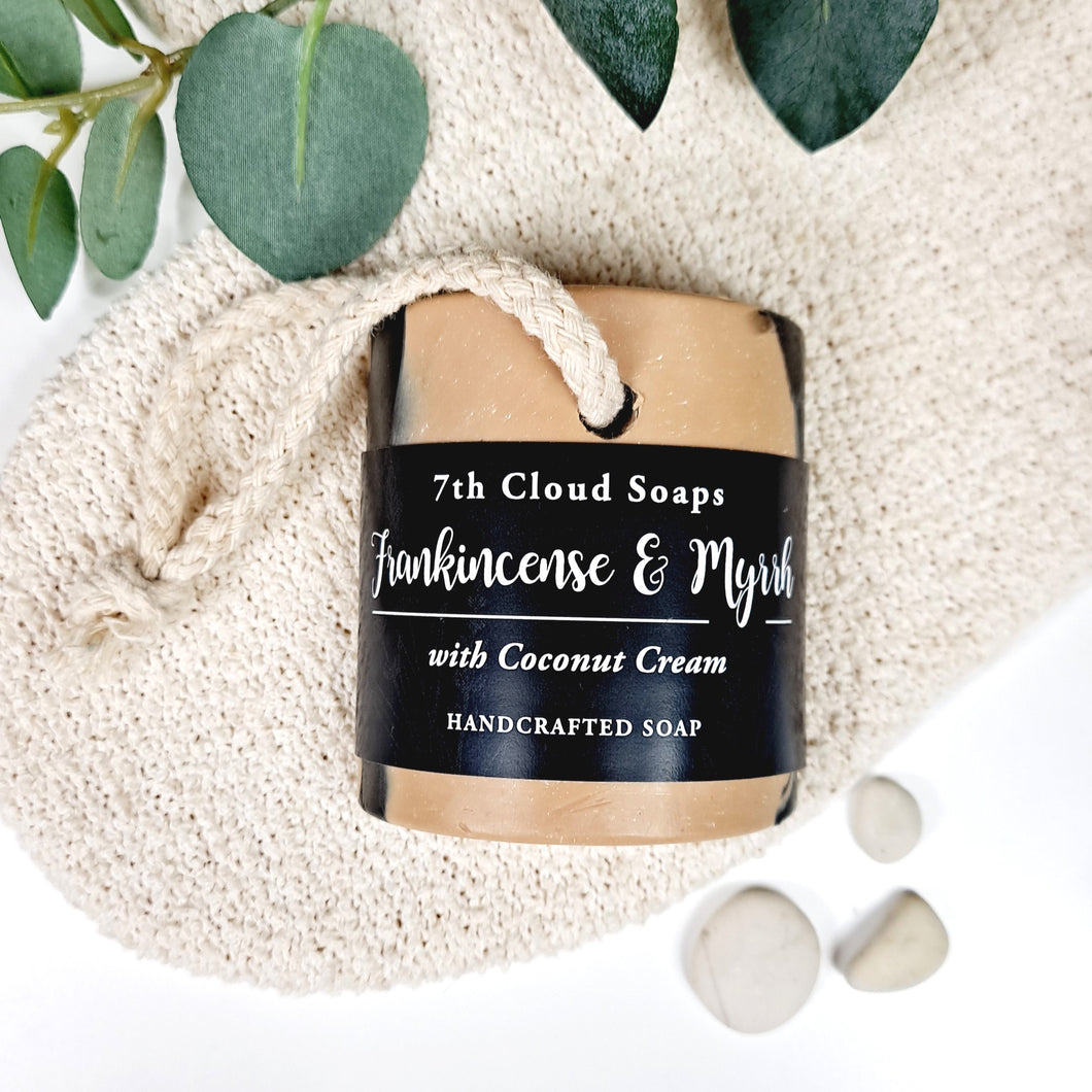Frankincense & Myrrh Soap on a Rope | 75% Olive Oil Soap | For Sensitive Skin
